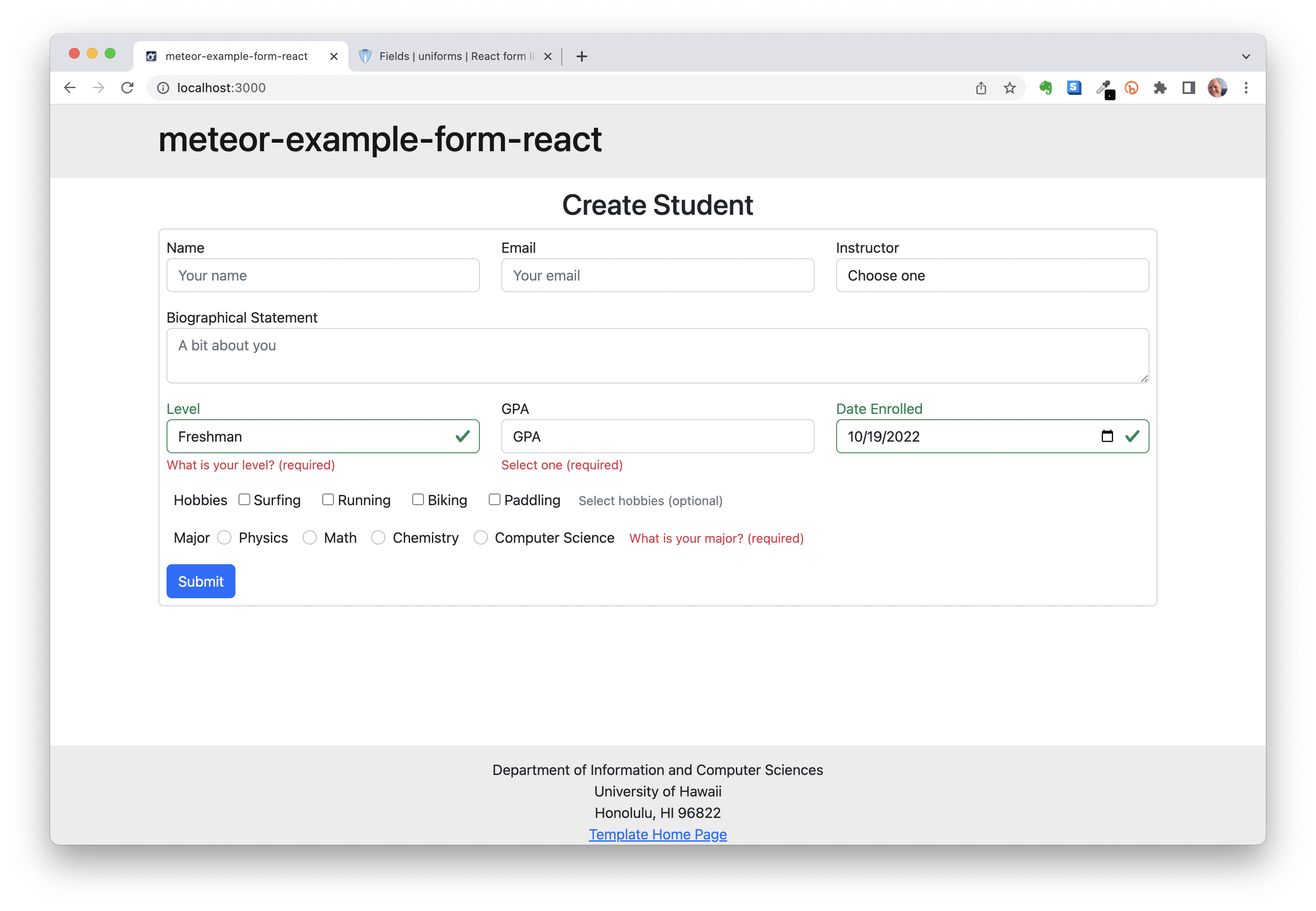 ICS 314 Fall 2023 E48B Meteor example form react